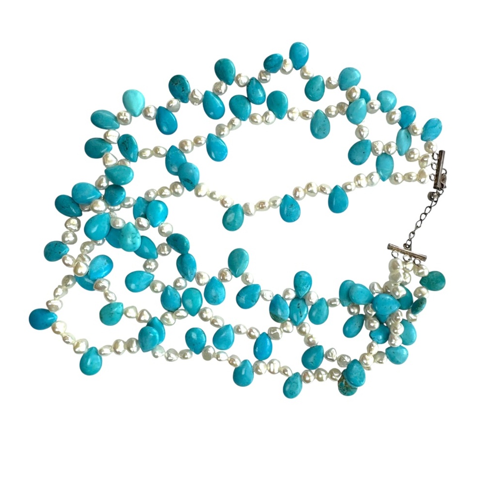 Freshwater Pearl & Turquoise Bead Multi Strand Necklace 19" - Picture 4 of 6